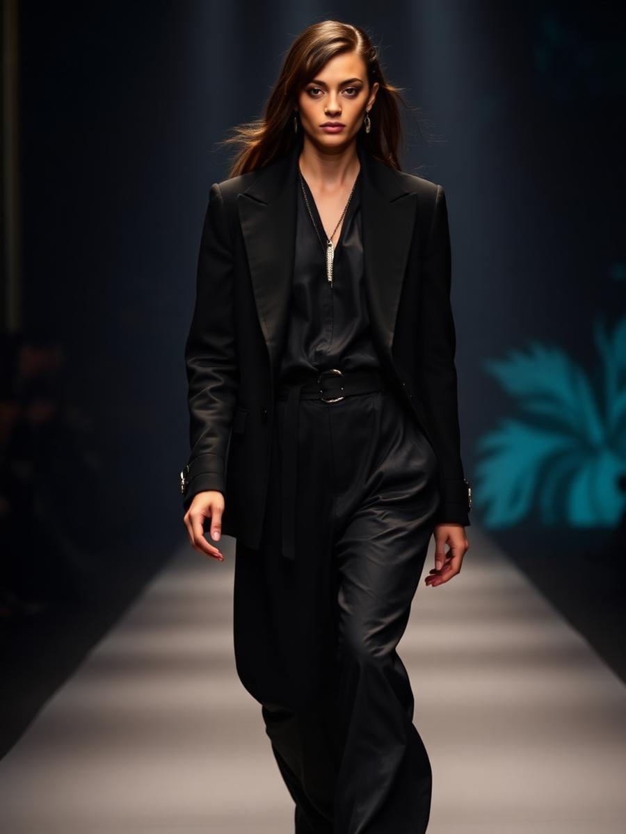 Model walking a runway in a premium dark outfit
