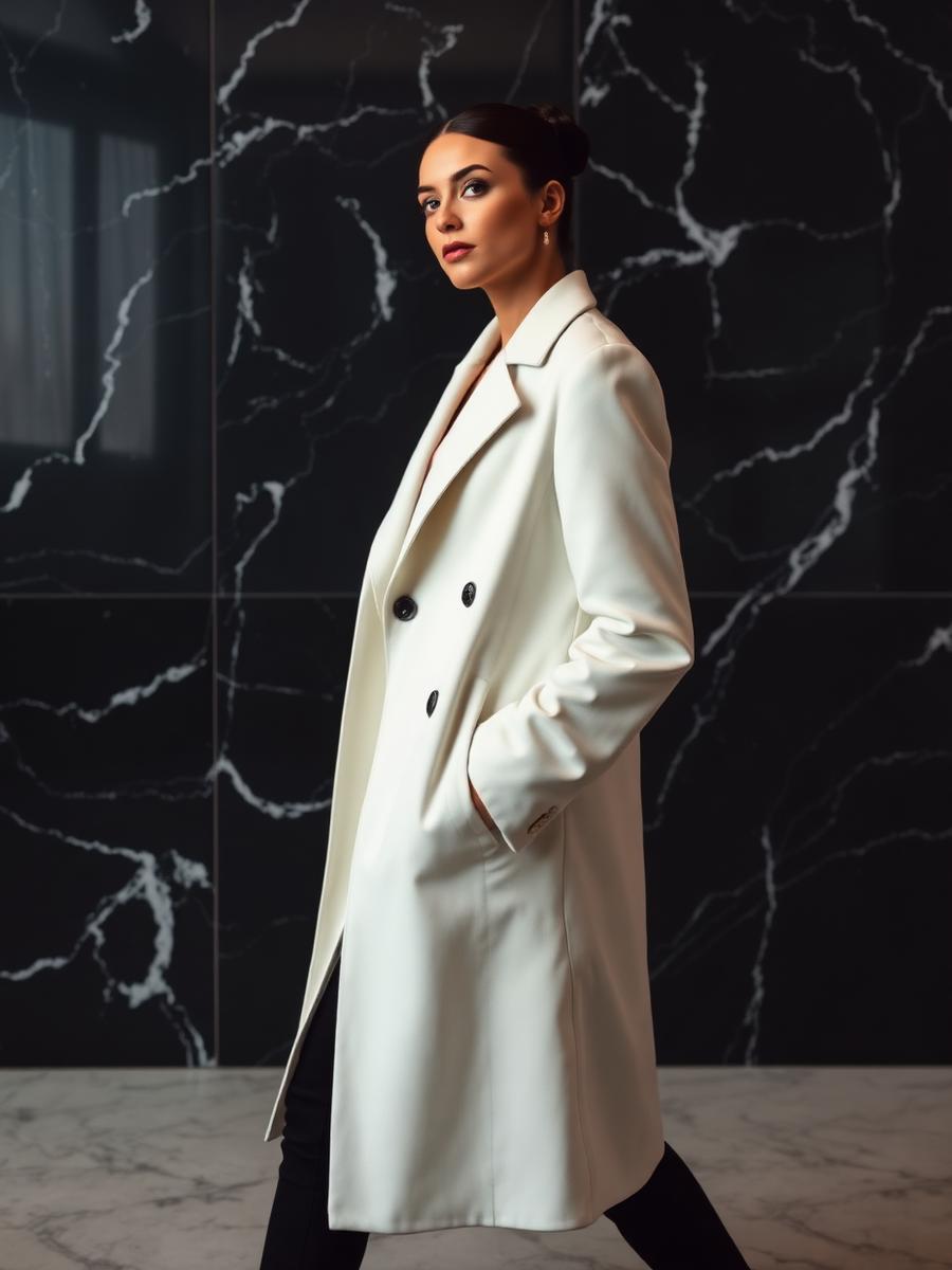Model wearing a white premium coat against a dark marble wall