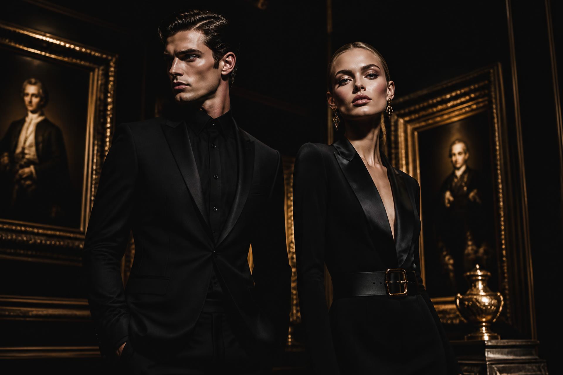 Luxury fashion models in premium black outfits inside an elegant dark gallery